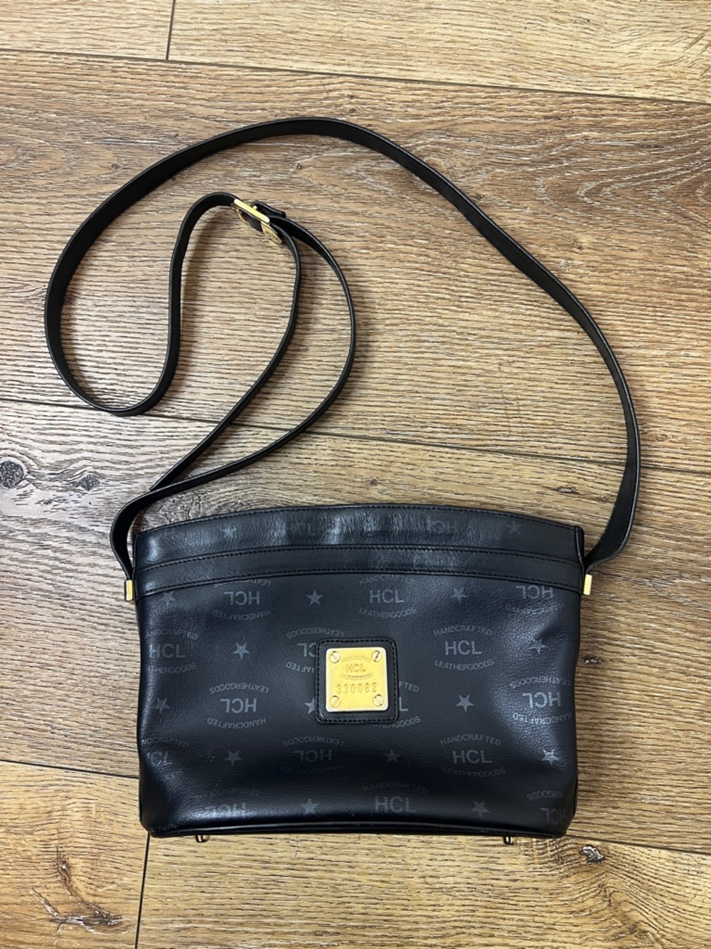 Vintage Hcl Black Leather Monogram Crossbody Bag